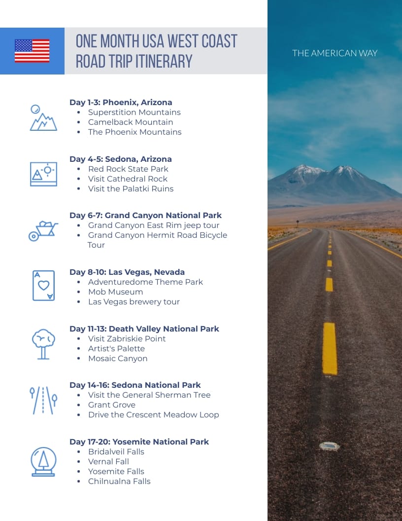 One month USA West Coast road trip itinerary with daily destinations and icons_variant_1